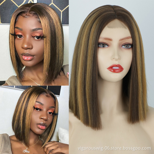 Highlight Short Bob Wigs Blonde Brown Lace Wigs for Black Women Synthetic Hair Straight Middle Part Colored Cut Wig 150 Density